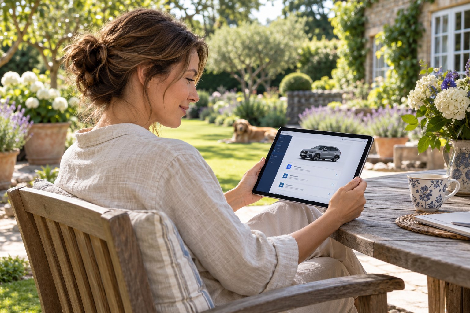 A customer viewing vehicle documents on a tablet in a sunlit garden